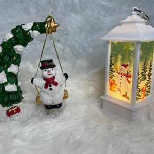 Christmas Snowman LED Lantern & Snowman Swinging on Tree Figurine